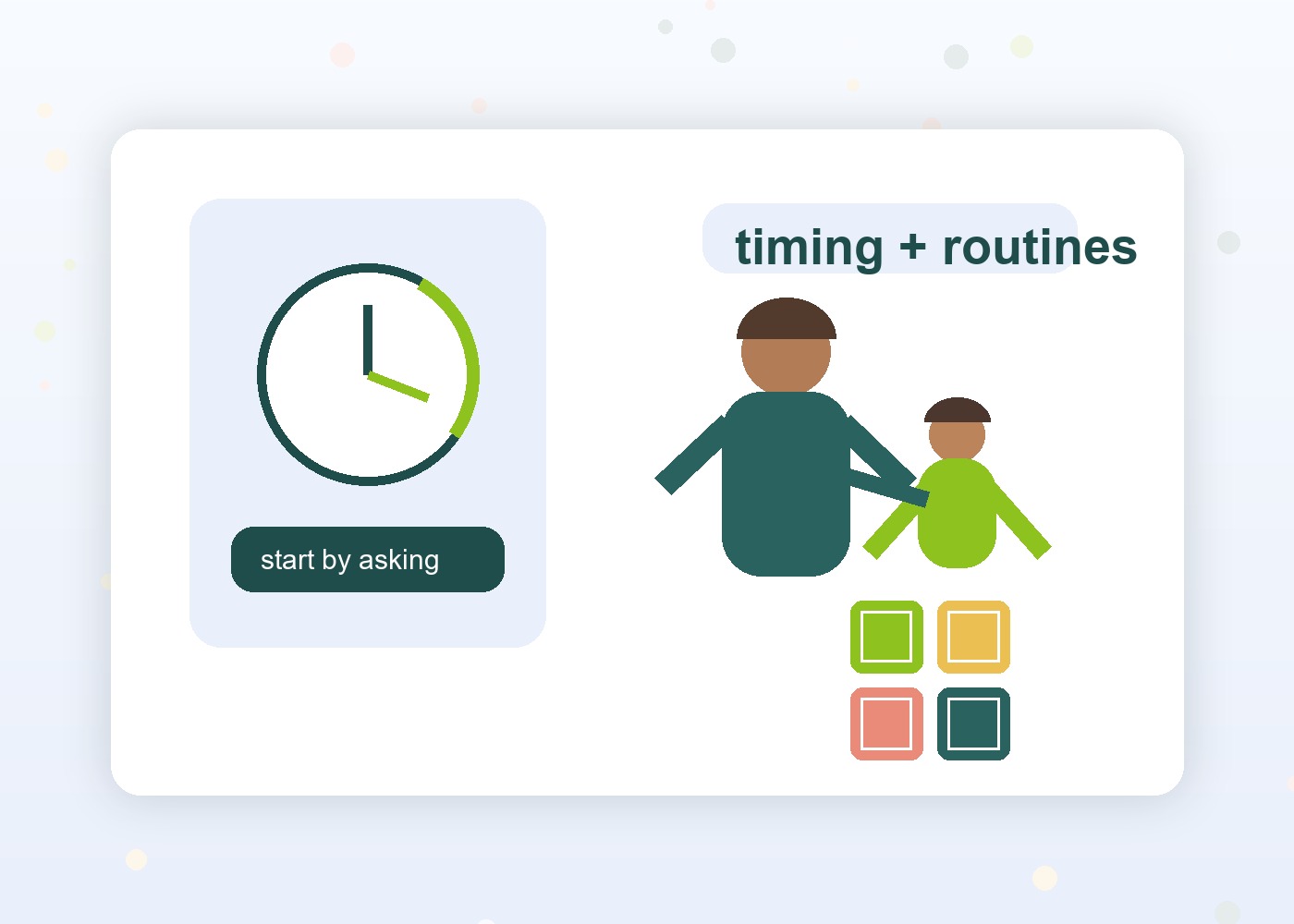 Illustration of a parent and child with a routine clock for early care timing