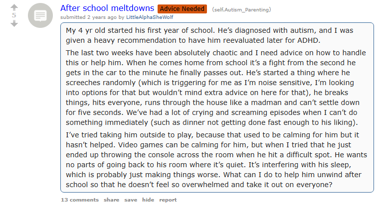 Reddit post in r/Autism_Parenting from a parent describing daily after-school meltdowns and chaos once their autistic child gets home