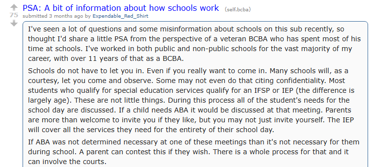 Reddit post from a veteran BCBA in r/bcba explaining how schools decide whether to allow outside ABA providers and how IEP meetings cover school-day services
