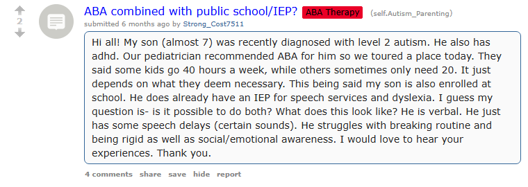 Reddit post in r/Autism_Parenting from a parent asking whether ABA therapy and a school IEP can happen together for their newly diagnosed 7-year-old