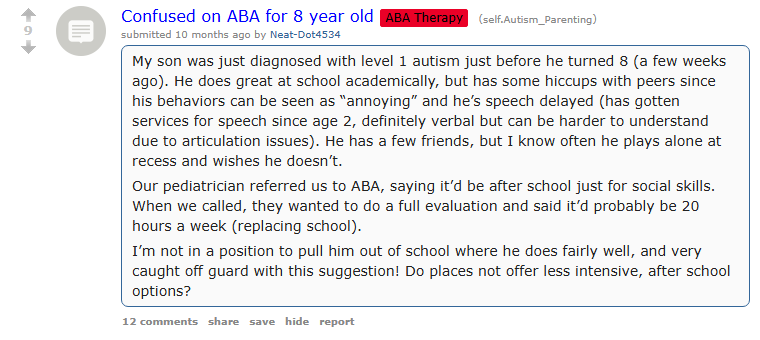 Reddit post in r/Autism_Parenting from a parent of a newly diagnosed 8-year-old asking about after-school ABA for social skills