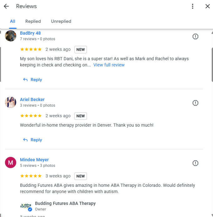 Google reviews for Budding Futures ABA from BadBry 48, Ariel Becker and Mindee Meyer