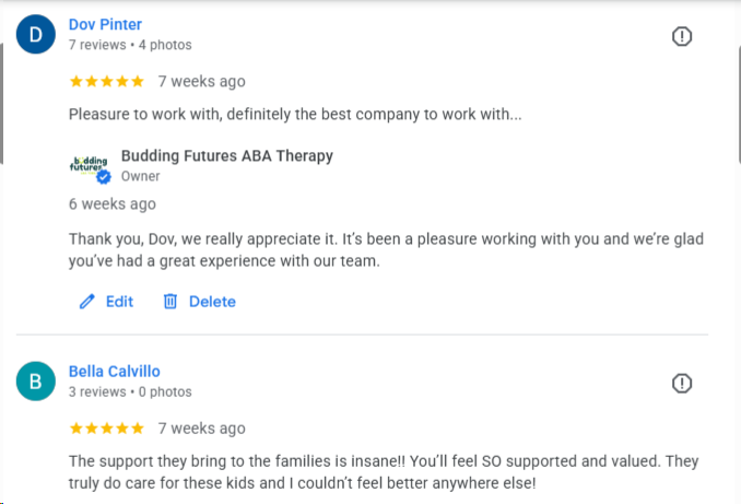 Google reviews for Budding Futures ABA from Dov Pinter and Bella Calvillo