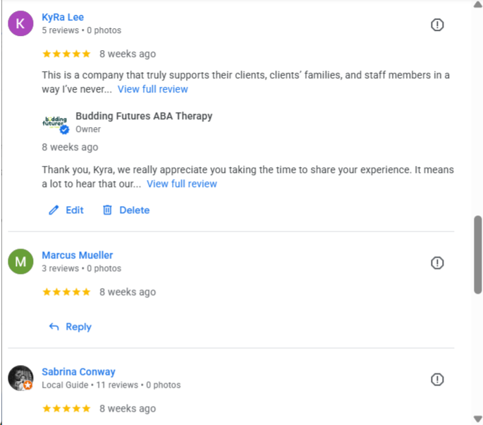 Google reviews for Budding Futures ABA from KyRa Lee, Marcus Mueller and Sabrina Conway