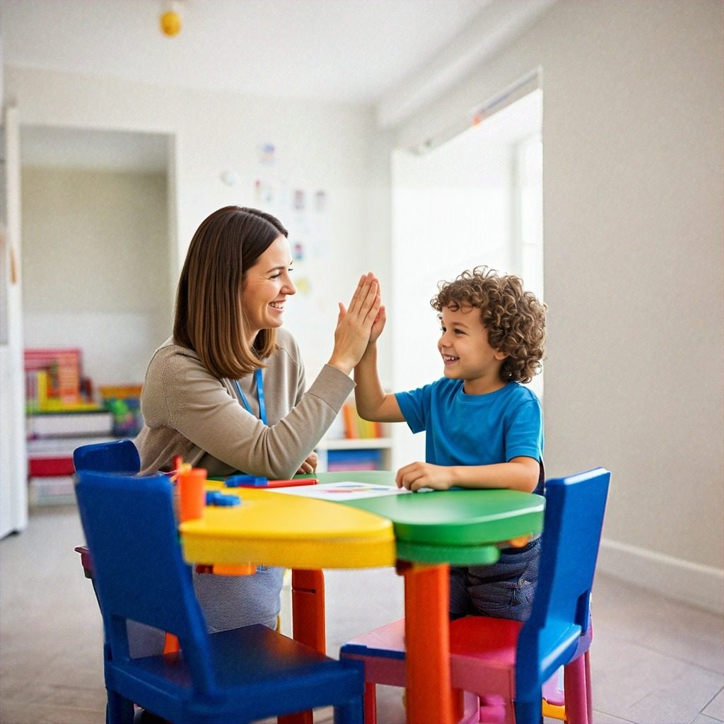 Therapist celebrating milestone with child